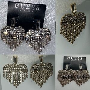💛💎NWT GUESS Gold Tone Crystal Heart Dangle Statement Earrings Chandelier Sparkle